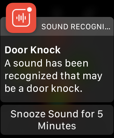 The screen reads, "Door Knock A sound has been recognized that may be a door knock." Along with an option to snooze the notifications for 5 minutes. It reaffirmed I had indeed heard someone knocking. If you have an Apple Watch, Sound Recognition notifications will appear on your Watch once you've upgraded to WatchOS 7 (which is built into iOS 14.) See? Another perk to the newest operating system!